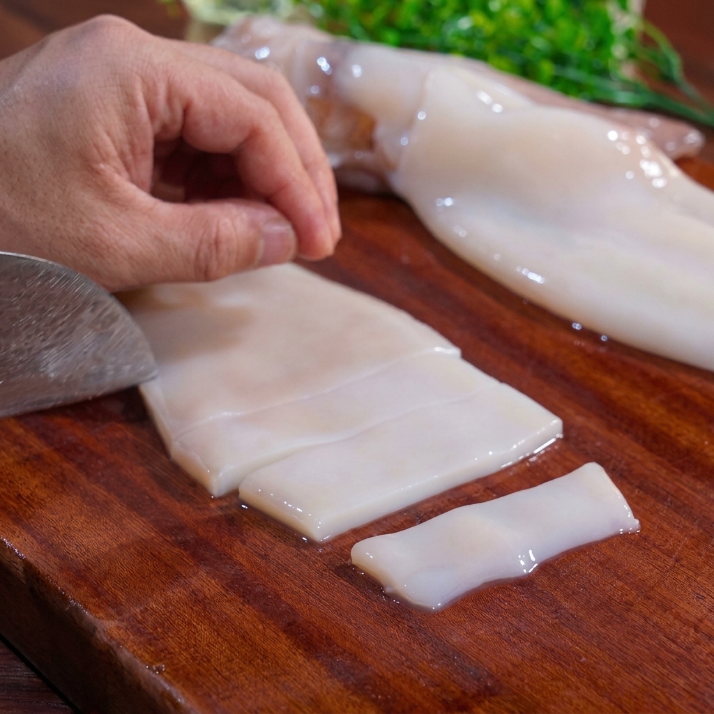 Un primer plano de un cuchillo de chef cortando el cuerpo de un calamar crudo, blanco y limpio sobre una tabla de cortar de madera.