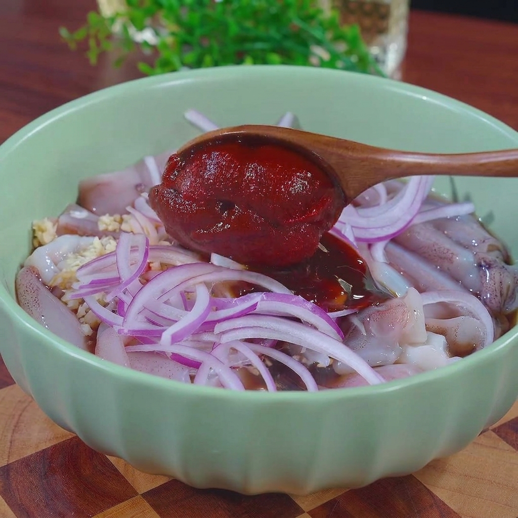 Una cuchara de madera añade una porción grande de pasta de chile roja y vibrante en un tazón verde lleno de calamares crudos y rodajas de cebolla.