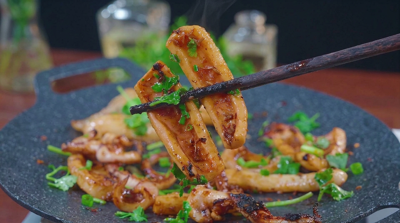 Unos palillos sostienen tiras de calamar a la parrilla tiernas y brillantes con un glaseado de barbacoa y hierbas frescas.