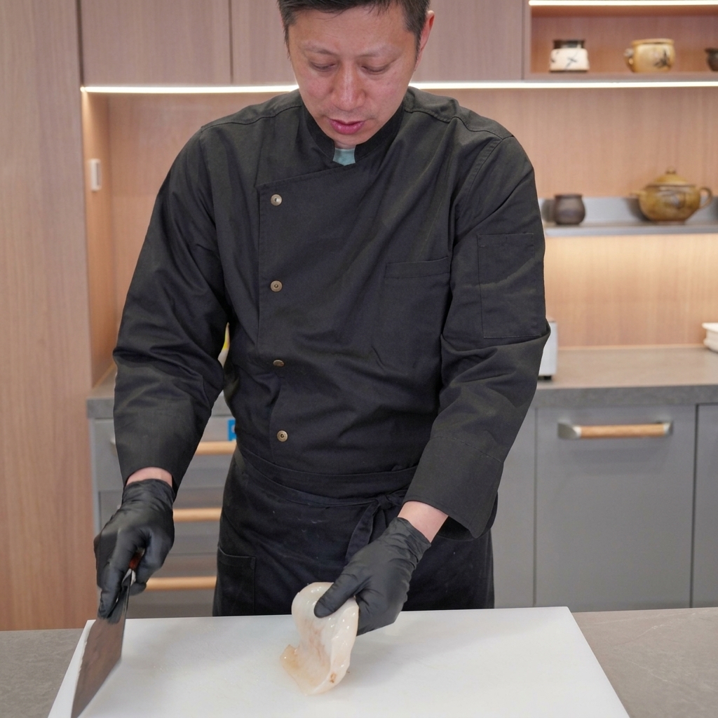 Un chef con guantes negros corta cuidadosamente un tubo de calamar blanco y crudo en trozos sobre una tabla de cortar de plástico blanco con un cuchillo picador grande.