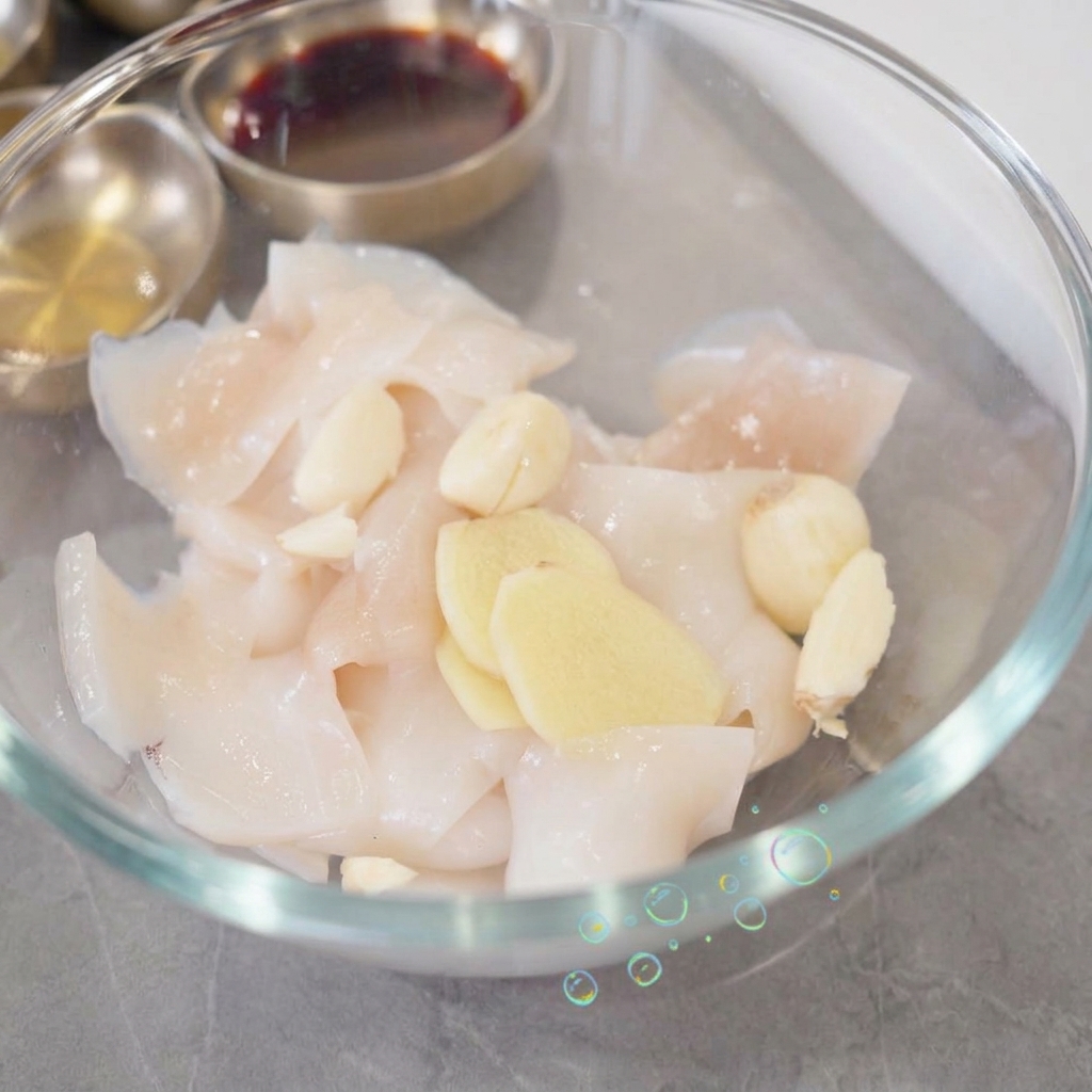 Rodajas de jengibre fresco y dientes de ajo enteros sobre trozos de calamar crudo dentro de un tazón de vidrio transparente mientras se añade salsa de soja oscura.