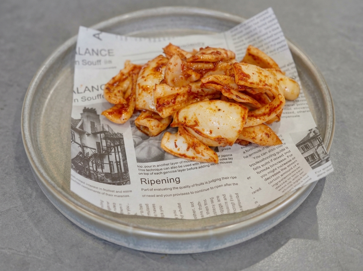 Trozos de calamar a la parrilla sazonados amontonados en un plato de servir forrado con papel de horno impreso.