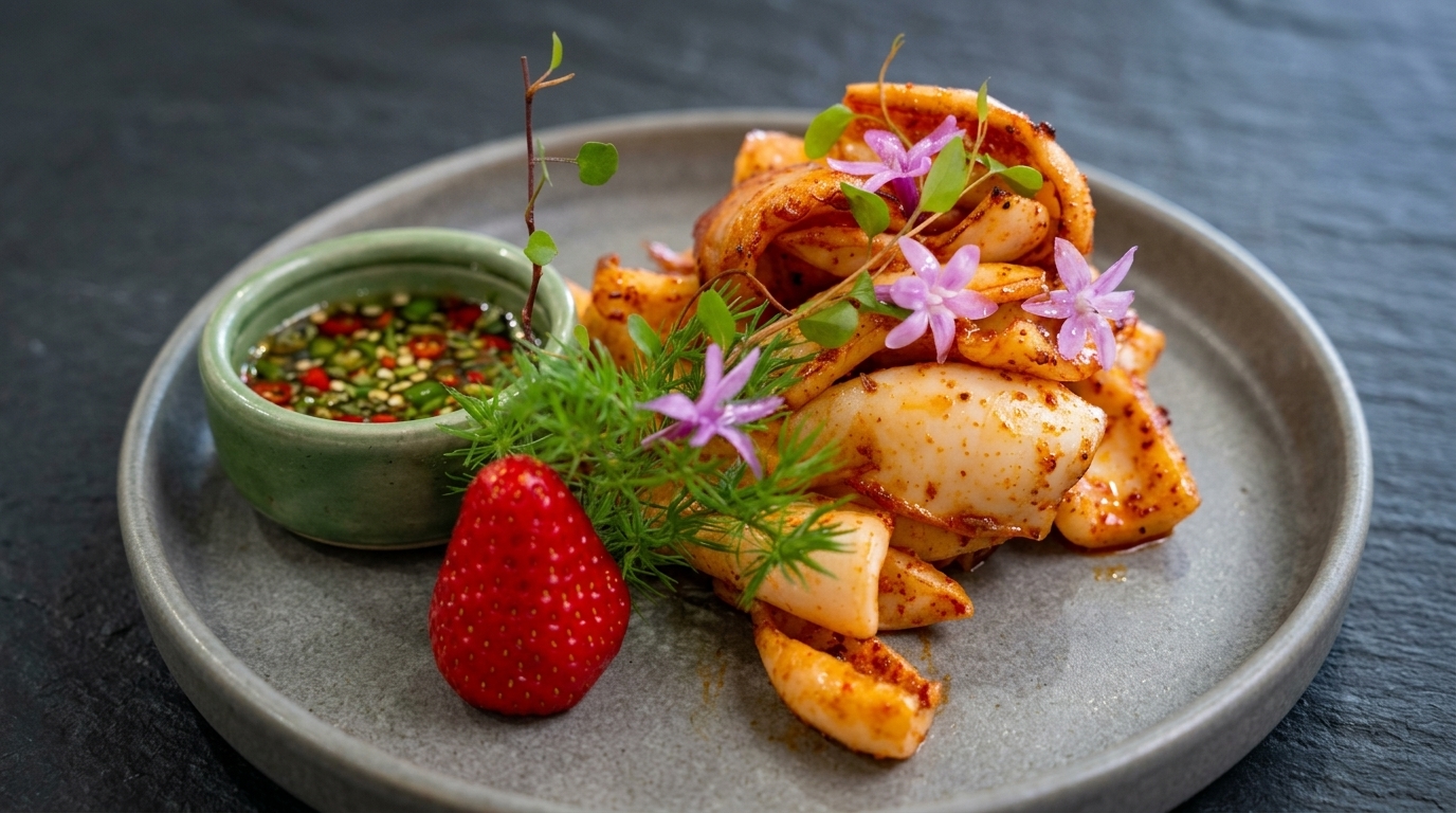 Calamar crujiente al estilo brasa con salsa picante de cítricos