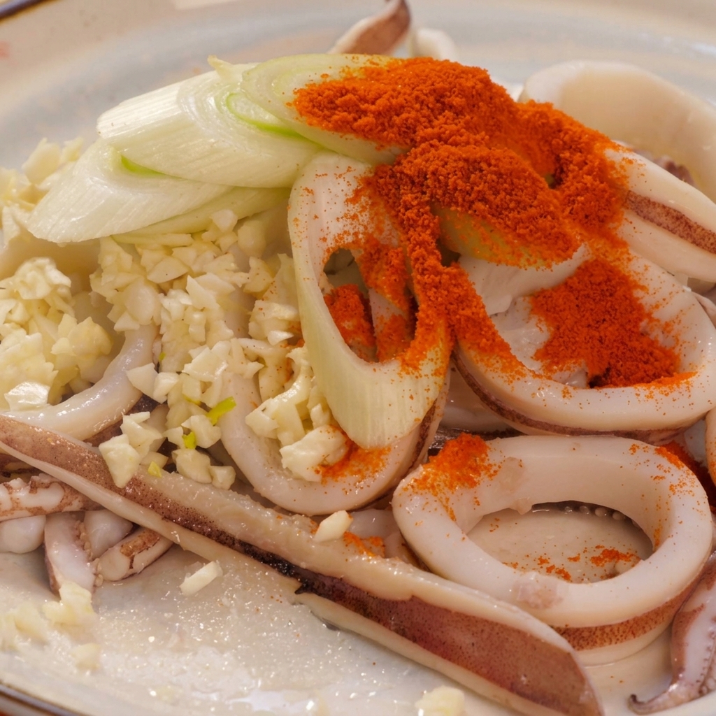 Anillos de calamar dispuestos en un plato y cubiertos con ajo picado, cebolleta verde y una gran cucharada de chile rojo en polvo brillante.