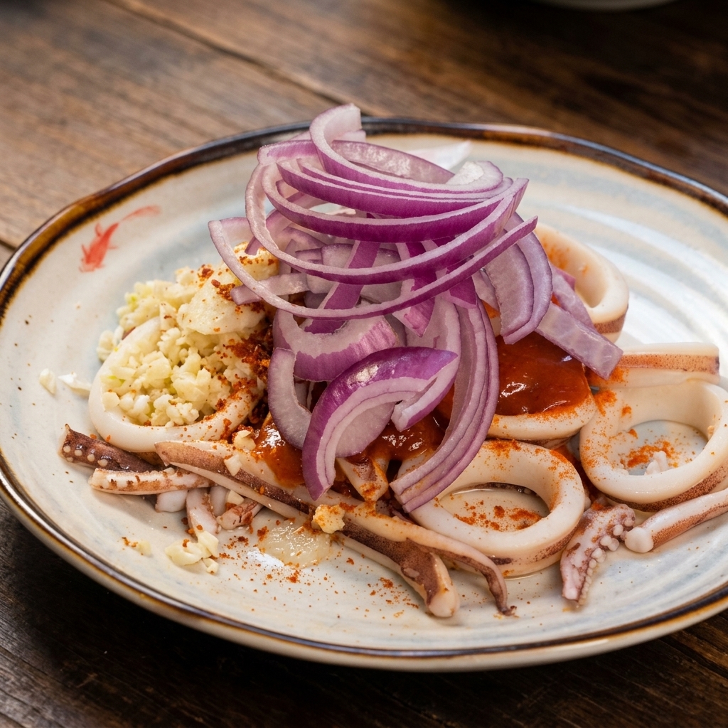 Una pila generosa de cebolla morada cortada en tiras sobre los anillos de calamar sazonados y la pasta de chile en un plato.