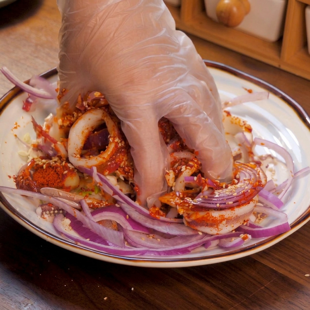 Una mano con un guante de plástico transparente mezclando anillos de calamar, cebolla morada y condimentos picantes en un plato de cerámica.
