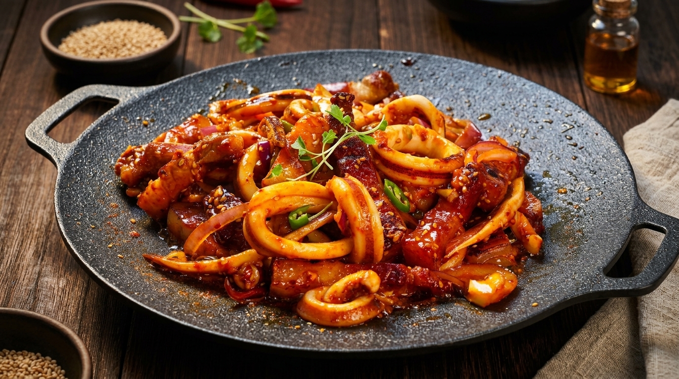Calamar y panceta de cerdo picante al estilo coreano (Osam Bulgogi)