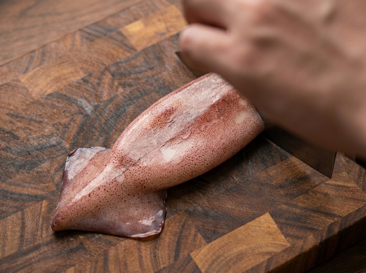 Una mano usando un cuchillo de cocina para cortar un tubo de calamar fresco y crudo en anillas sobre una tabla de madera.