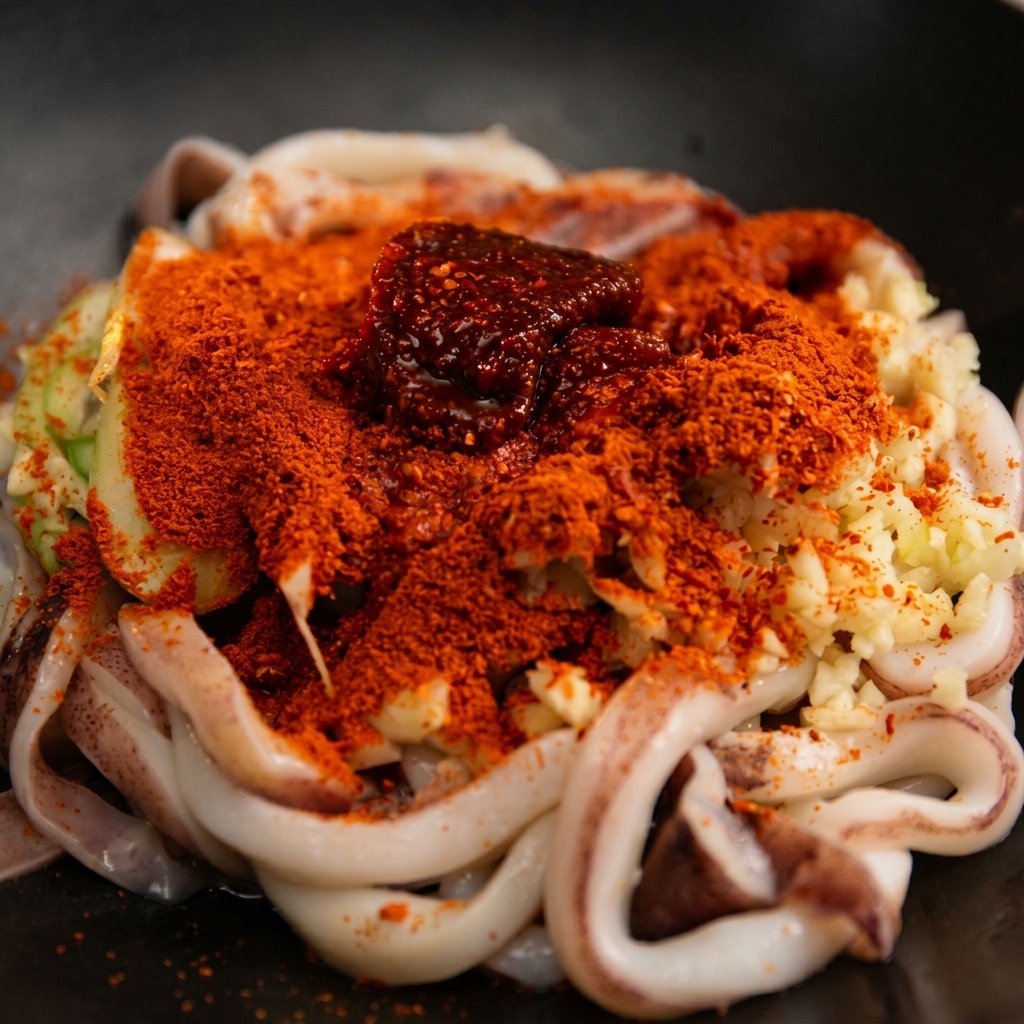 Una cucharada de pasta de chile coreana rodeada de chile en polvo rojo sobre el calamar sazonado.