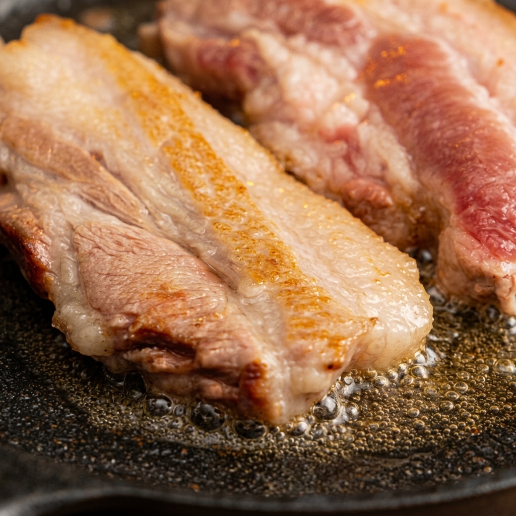 Tiras gruesas de panceta de cerdo sellándose en una plancha de hierro fundido caliente, con burbujas de grasa hirviendo alrededor de la carne dorada.