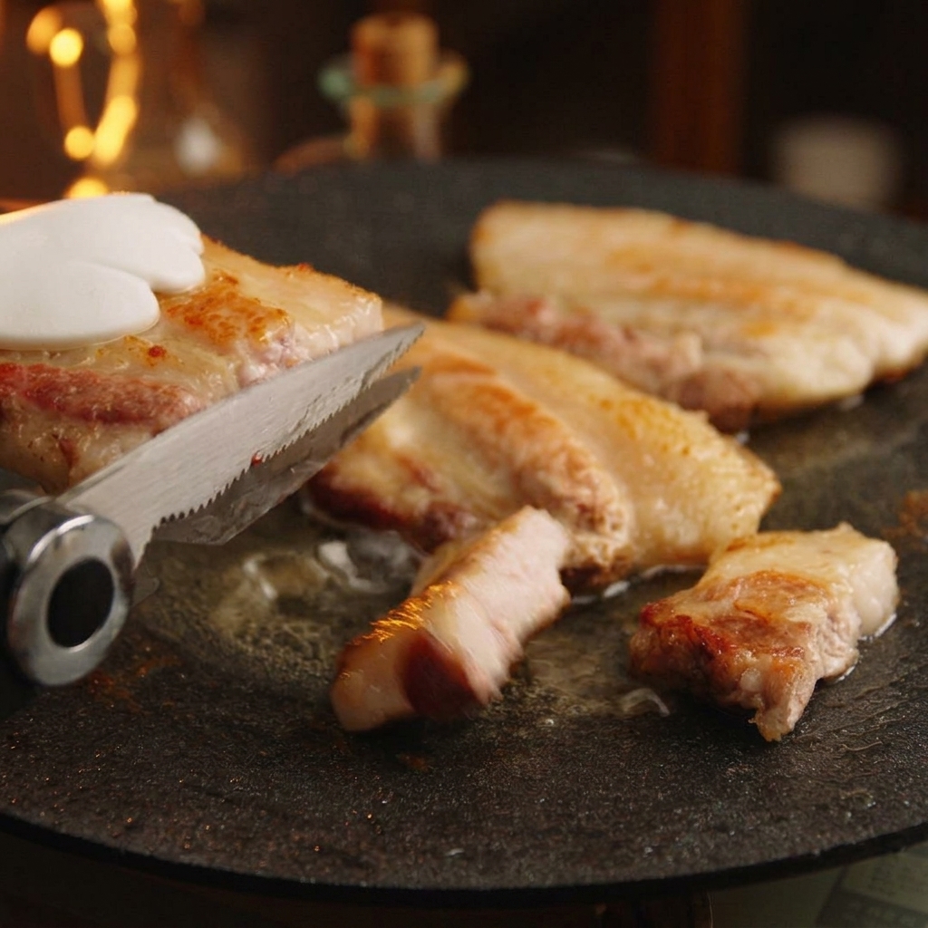 Unas tijeras de cocina cortando una tira gruesa de panceta sellada en trozos más pequeños sobre una plancha de asar redonda.