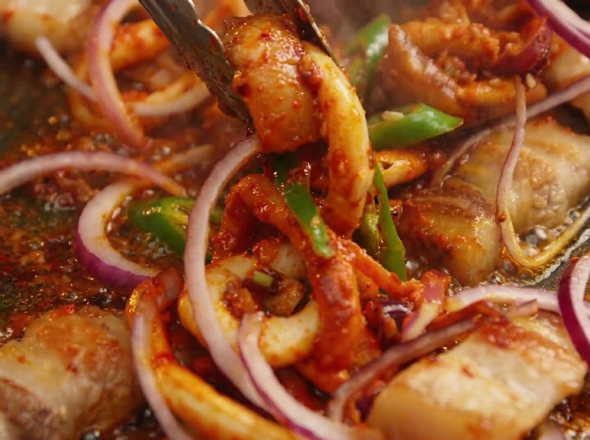 Calamar marinado picante, rodajas de cebolla morada y trozos de panceta sellada mezclándose vigorosamente con pinzas de metal en una plancha de hierro caliente.