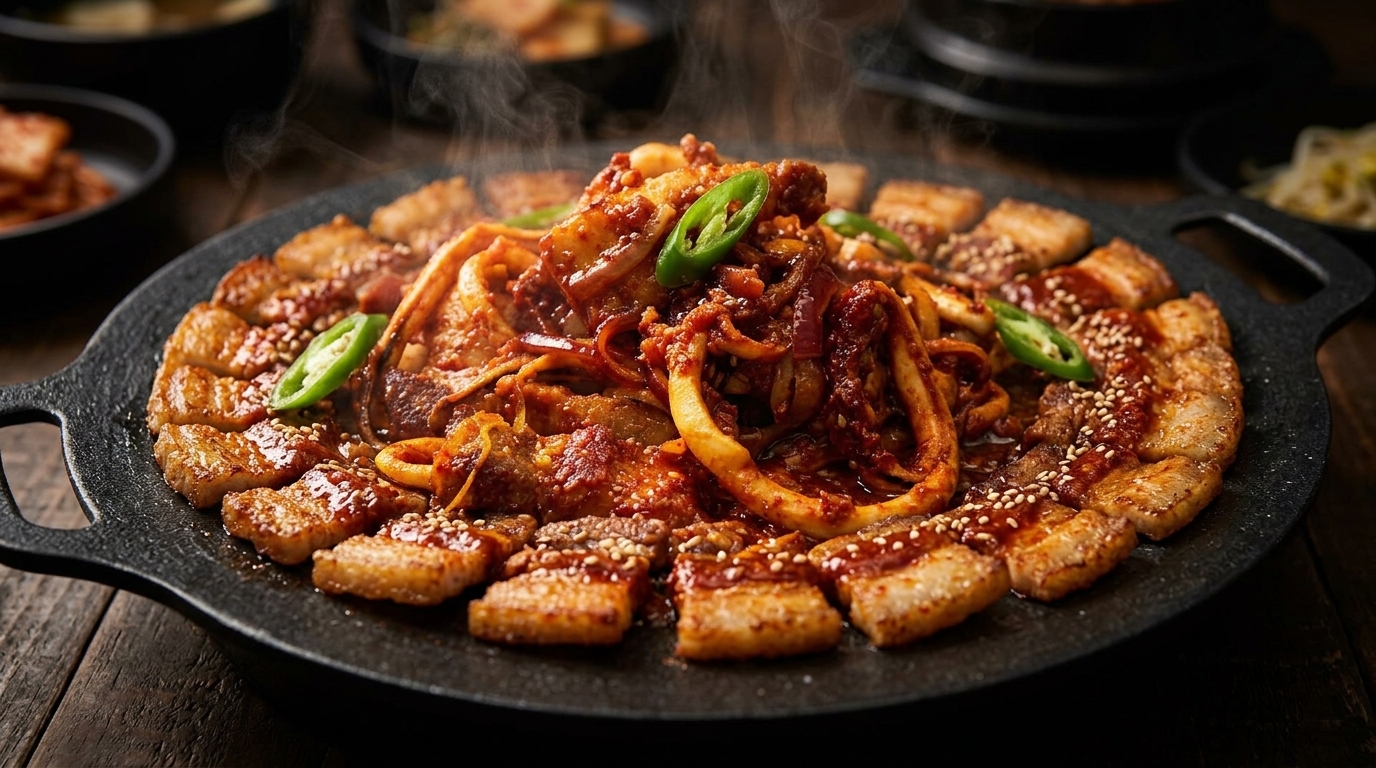 Calamares y panceta de cerdo picantes a la plancha al estilo coreano (Osam-Bulgogi)