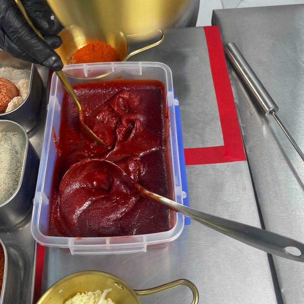 Una cuchara de metal sacando pasta de chile de color rojo brillante y espesa de un recipiente grande para añadirla a un tazón aparte.