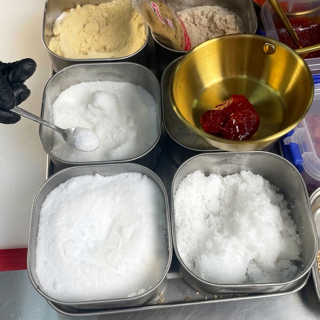 Una cuchara pequeña añadiendo cristales blancos en un tazón de metal que contiene pasta de chile rojo entre otros recipientes de condimentos.