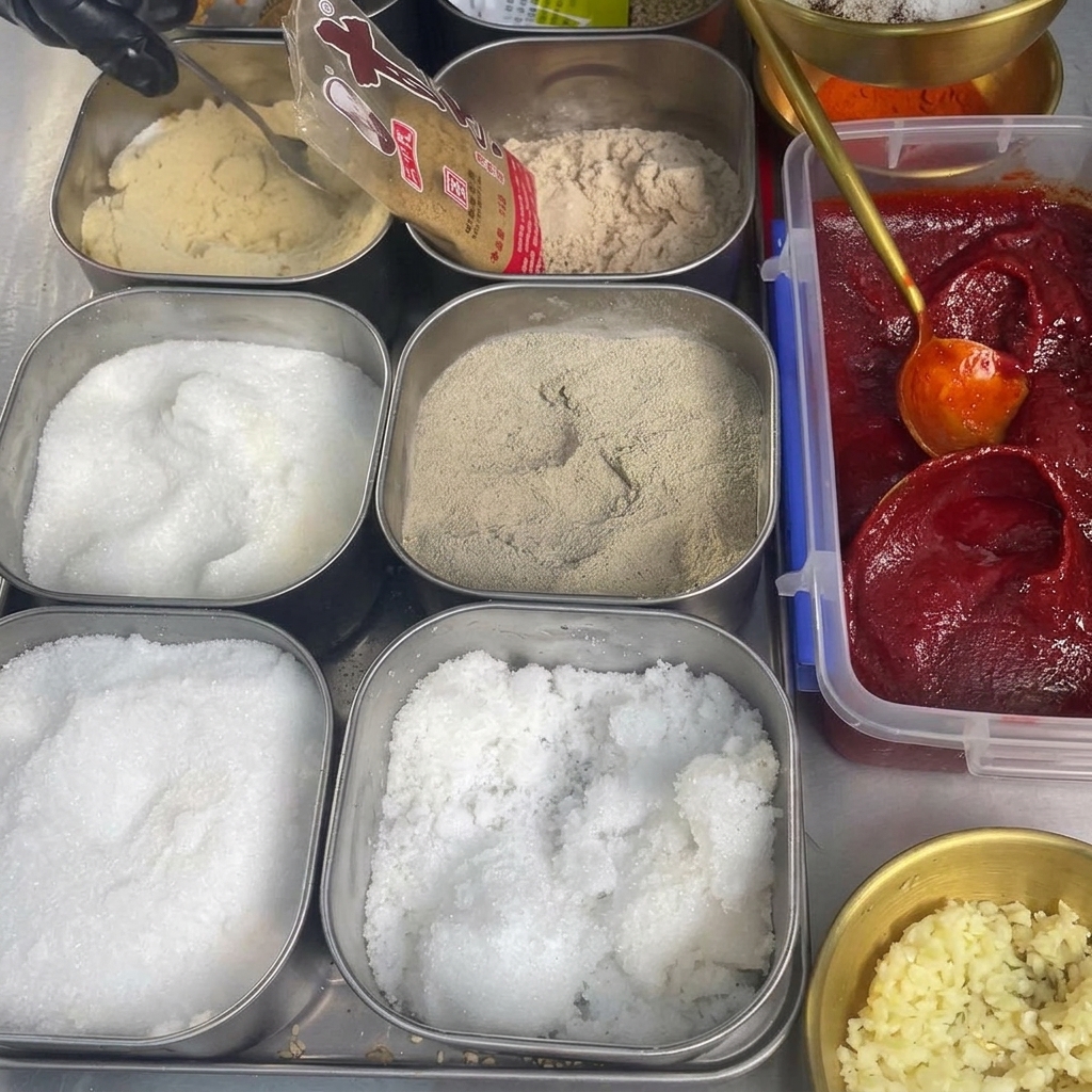 Midiendo varios condimentos secos y pimienta molida en un tazón de metal que contiene pasta de chile y azúcar blanco.