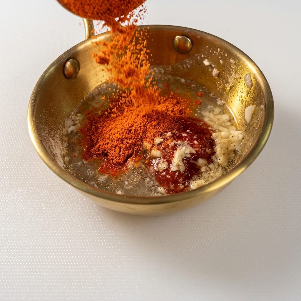 Chile en polvo de color rojo brillante vertiéndose en un tazón dorado que contiene ajo, azúcar y líquido.