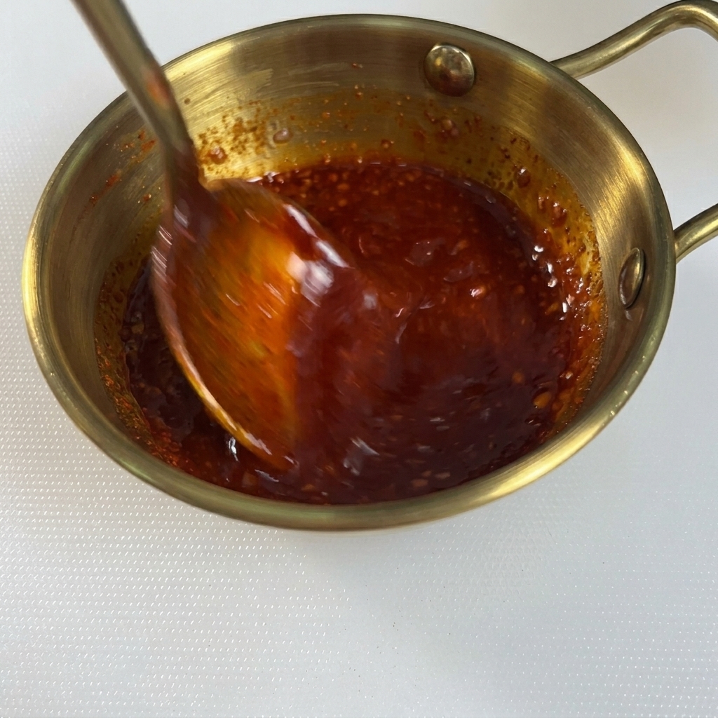 Una cuchara de metal removiendo una salsa espesa de color rojo brillante dentro de un tazón dorado.