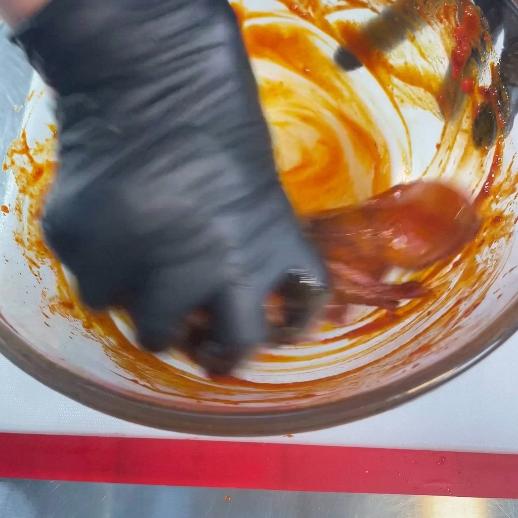 Una mano con un guante negro frotando y cubriendo minuciosamente un calamar crudo con una salsa picante roja y espesa dentro de un tazón de vidrio.