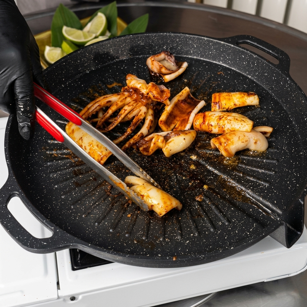 Usando pinzas y tijeras para cortar los tentáculos y el cuerpo del calamar cocinado a la parrilla en trozos sobre una parrilla negra caliente.