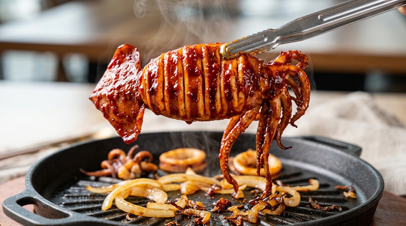 Un calamar entero a la parrilla glaseado con una rica y vibrante salsa de chile sobre una sartén caliente.