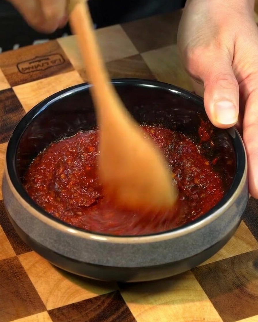 Una mano mezclando una pasta espesa de condimento de chile rojo en un pequeño tazón de cerámica oscura con una cuchara de madera.