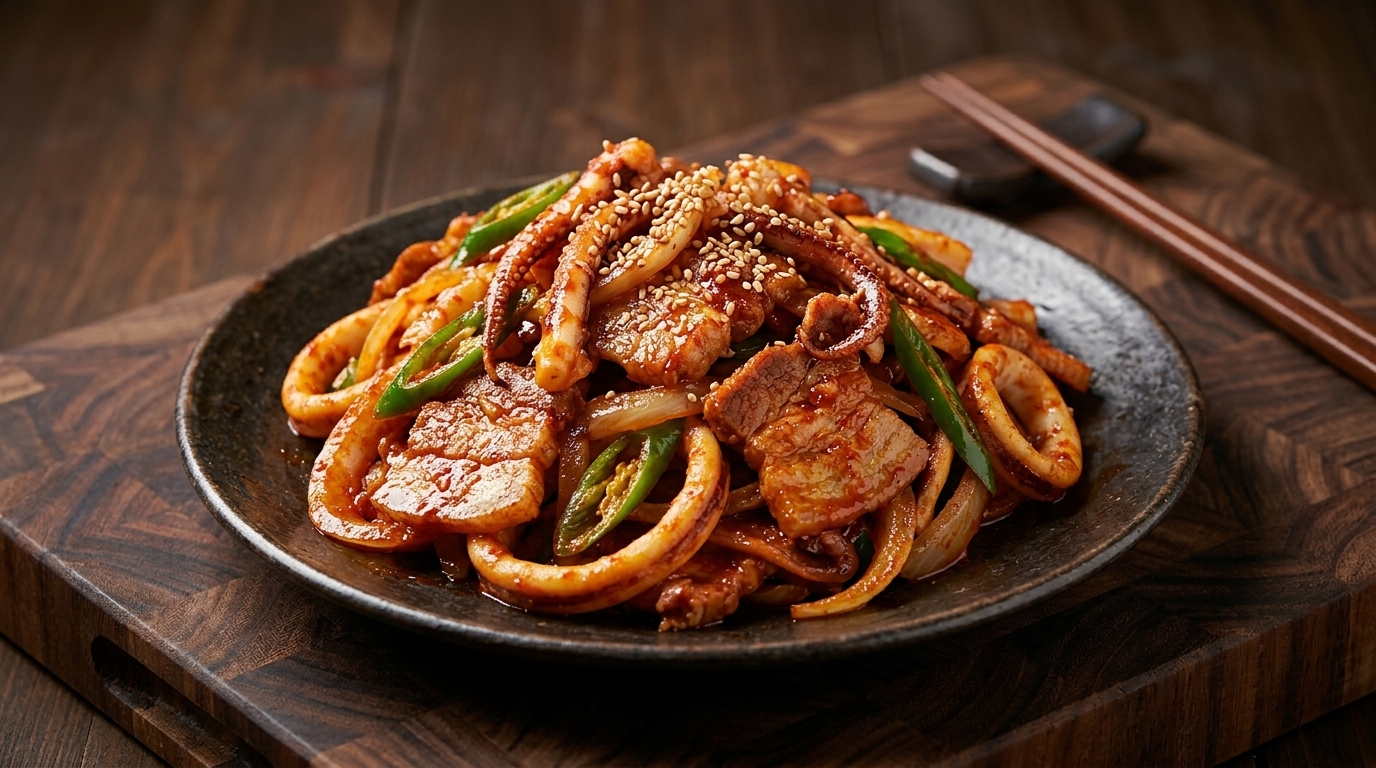 Calamar y Panceta de Cerdo Salteados Picantes al Estilo Coreano (Osam-Bulgogi)