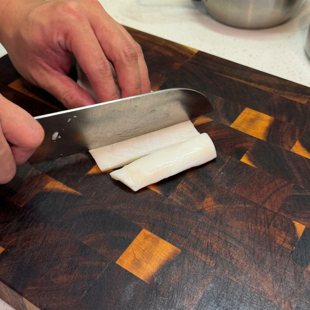 Una persona usando un cuchillo para cortar en tiras un trozo de calamar blanco escaldado sobre una tabla de picar de madera oscura.