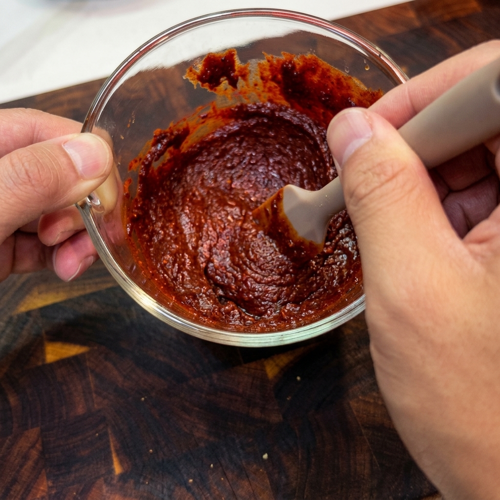 Manos mezclando una pasta espesa de salsa de chile rojo brillante en un tazón de vidrio con una espátula.