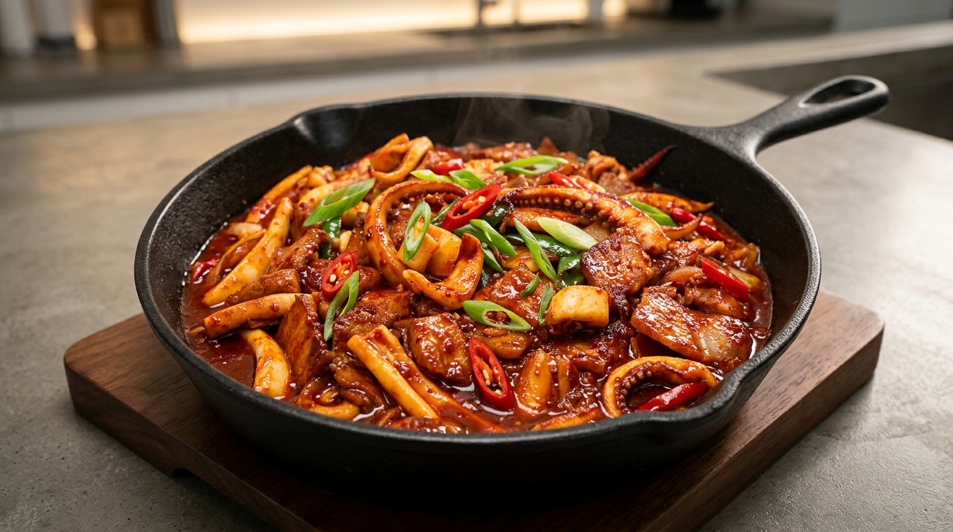 Salteado coreano picante de calamar y panceta (Osam Bulgogi)