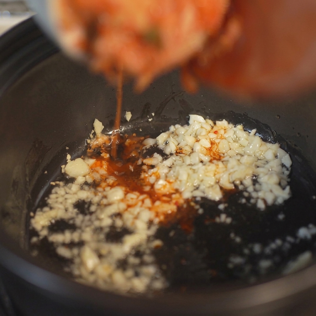 Kimchi picado con su jugo de color rojo brillante vertiéndose desde un tazón a una olla de barro negra con ajo sofrito.