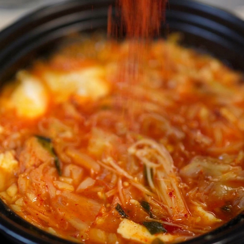 Una cucharada de copos de chile coreano rojo brillante espolvoreada en un caldo rojo de sopa de kimchi dentro de una olla de barro oscura.