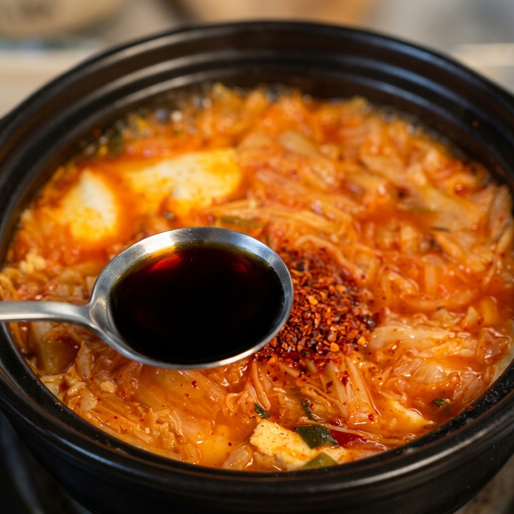 Una cuchara metálica vertiendo salsa de soja clara oscura sobre los copos de chile rojo en una sopa que hierve en olla de barro.