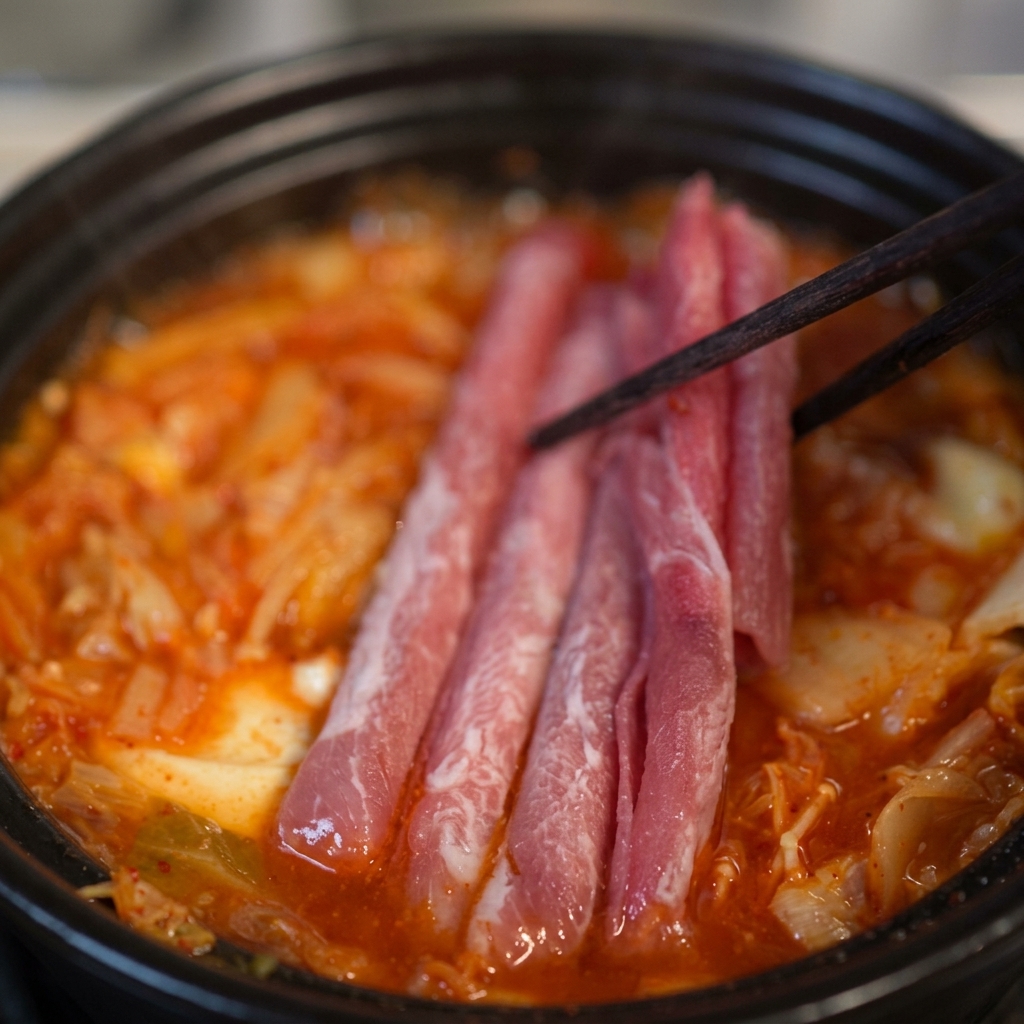 Palillos colocando tiras largas de carne de res veteada cruda dentro del caldo rojo e hirviendo de la sopa de kimchi.