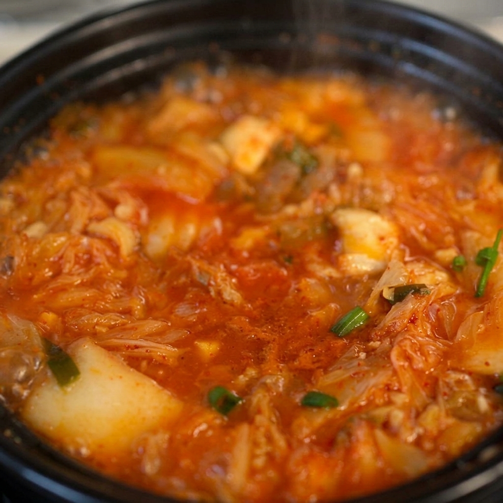 Cebolletas frescas picadas esparcidas sobre la superficie de una sopa coreana de kimchi y ternera que hierve en una olla negra.