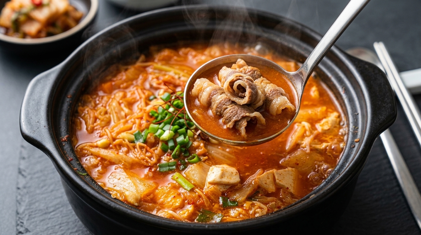 Sopa coreana auténtica de kimchi y ternera (Kimchi-jjigae)