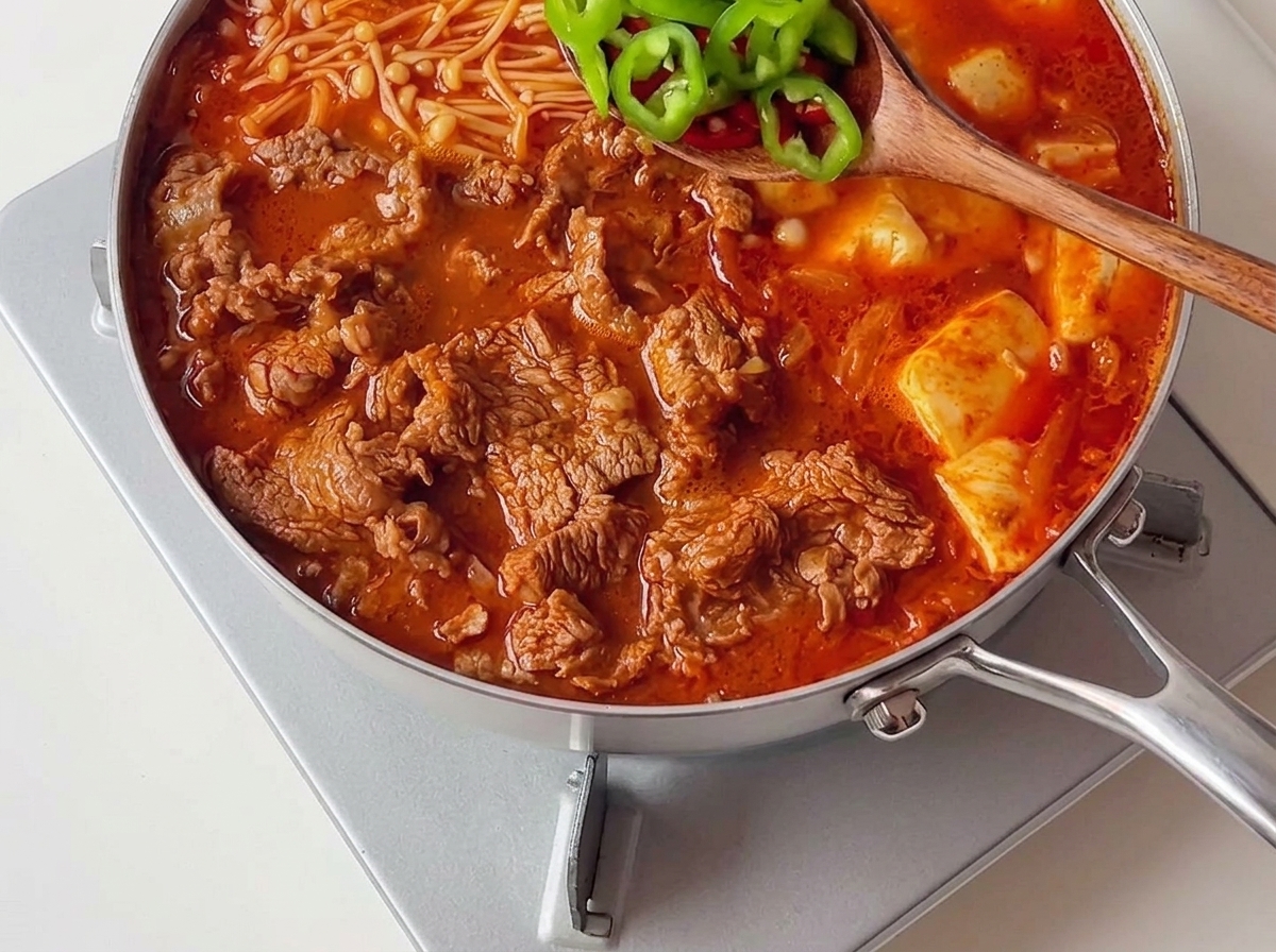 Una cuchara de madera esparciendo rodajas de chiles verdes y rojos sobre un estofado coreano de kimchi y ternera completamente cocinado.