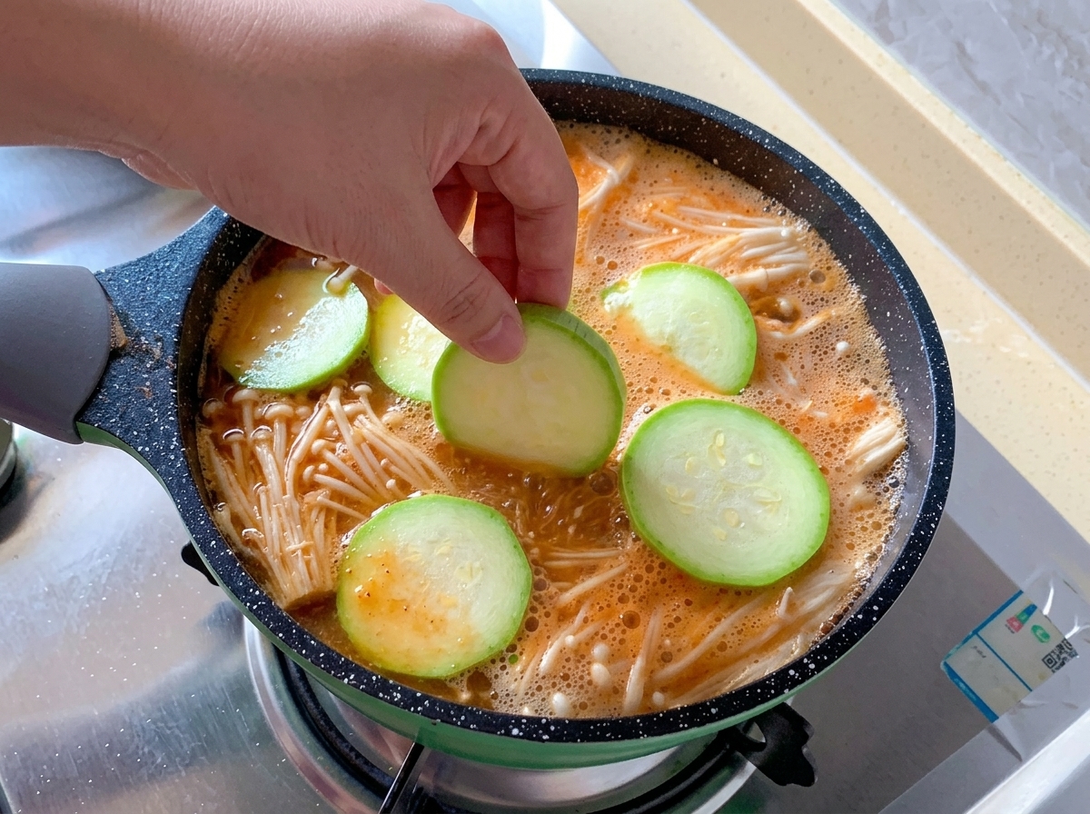 Rodajas redondas de calabacín verde fresco colocándose a mano sobre la base de la sopa hirviendo llena de setas enoki.