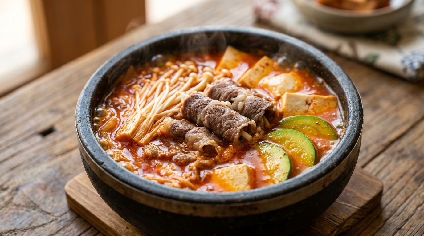 Una cazuela de piedra hirviendo con sopa coreana de kimchi, ternera y tofu, acompañada de calabacín fresco y setas enoki en un caldo picante.