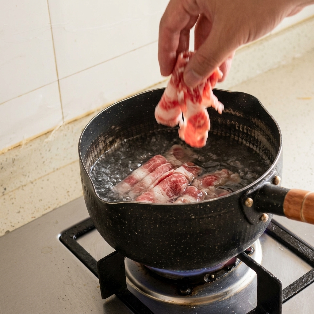 Una mano introduciendo finas láminas de ternera veteada cruda en una olla de agua hirviendo.