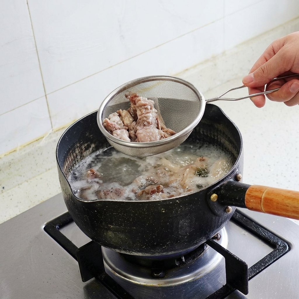 Una mano levantando un colador de malla metálica lleno de rollos de ternera blanqueados de una olla humeante.