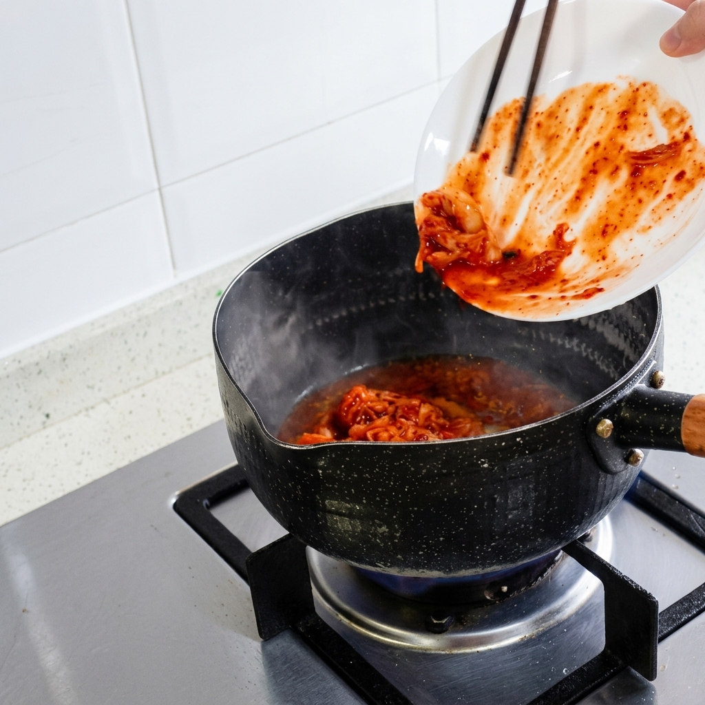 Kimchi troceado siendo deslizado desde un plato blanco hacia una olla caliente con la ayuda de unos palillos.