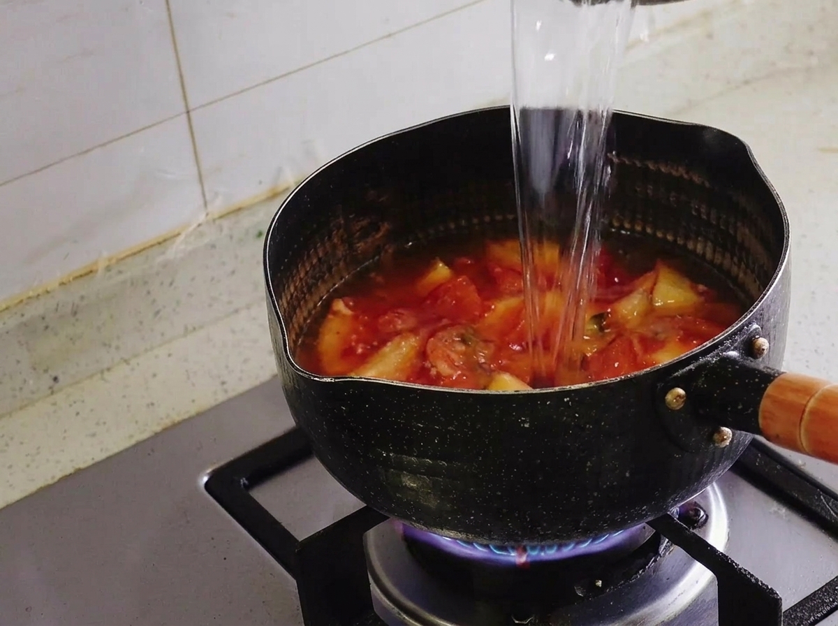 Un chorro de agua limpia vertiéndose en una olla negra que contiene el kimchi rojo ya salteado.