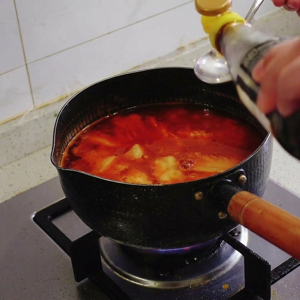 Salsa de pescado vertiéndose desde una botella en una cuchara sobre una olla con sopa de kimchi hirviendo.