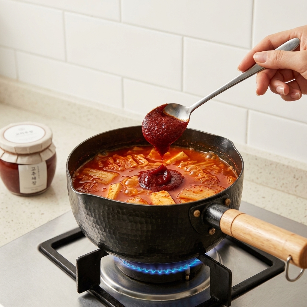 Una mano añadiendo una cucharada grande de pasta de chile coreana roja y espesa en una olla de sopa hirviendo.