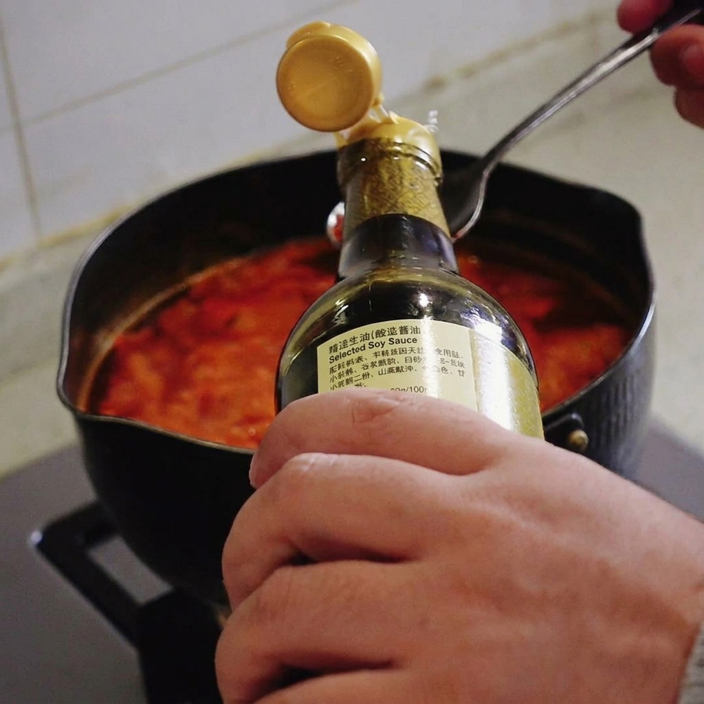 Una mano vertiendo salsa de soja clara desde una botella en una cuchara metálica sobre la sopa roja.