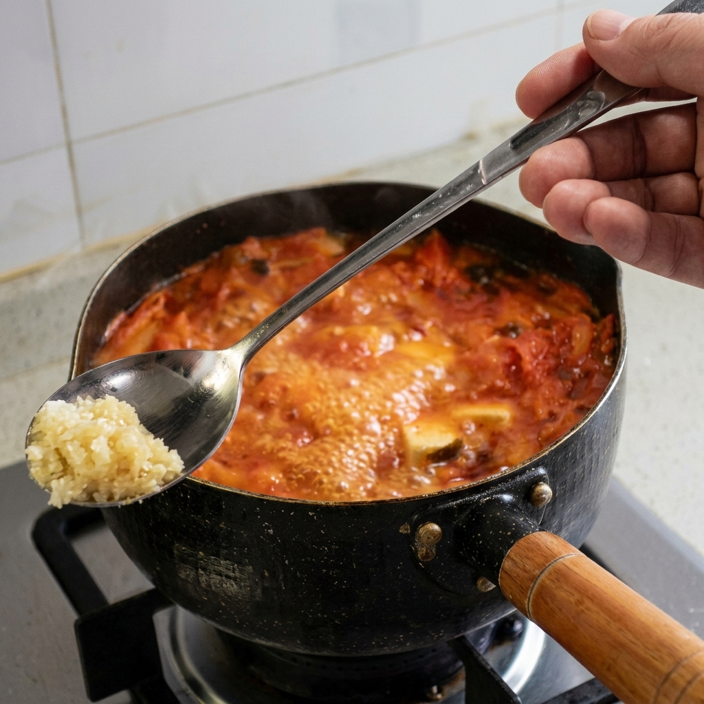 Una cuchara metálica con una porción de ajo picado sobre la olla de sopa de kimchi hirviendo.