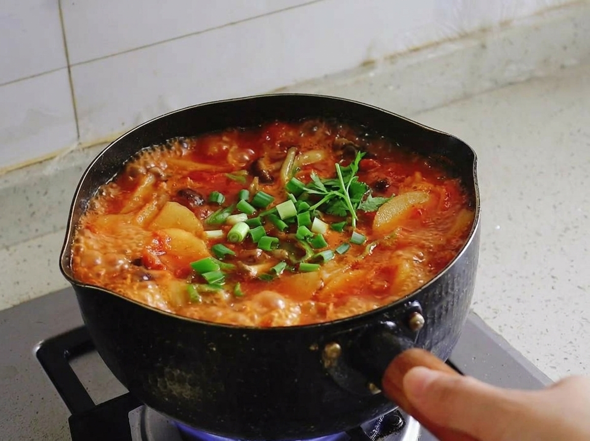 Cebolleta verde fresca picada esparcida sobre una olla de sopa de kimchi hirviendo con tofu y carne.