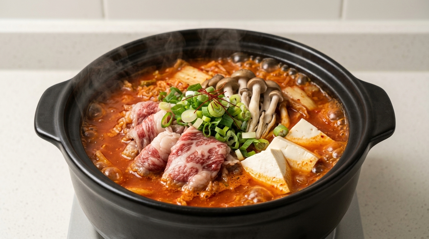 Sopa picante de kimchi y ternera veteada con tofu suave