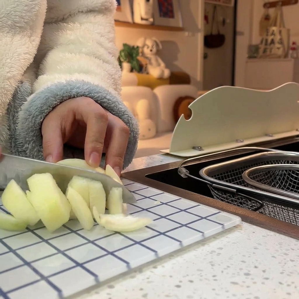 Una persona con una chaqueta abrigada cortando una cebolla blanca sobre una tabla de vidrio para picar con diseño de cuadrícula.
